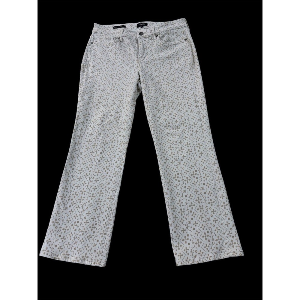 NYDJ Marilyn Straight Jeans Size 8 White Beige Gold Coast Print Lift Tuck